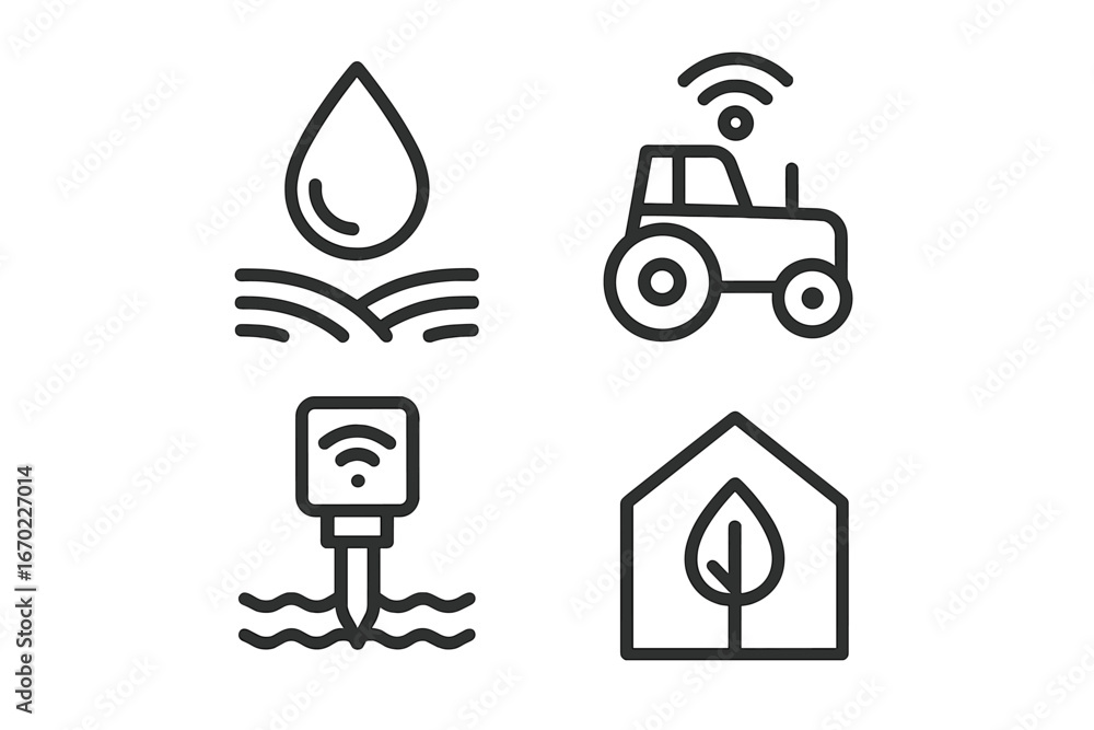 Poster vector outline icon set representing agriculture technology and sustainable practices for modern far