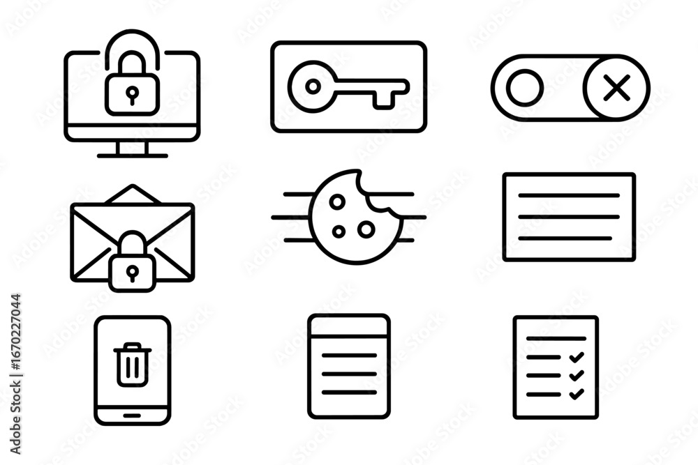 Poster vector outline icon set featuring security symbols for digital protection and online privacy practic