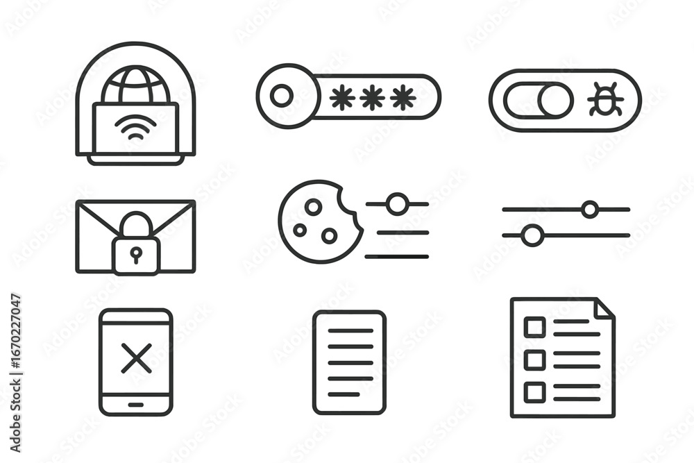 Poster vector outline icon set showcasing various symbols related to technology, security, and usability fe