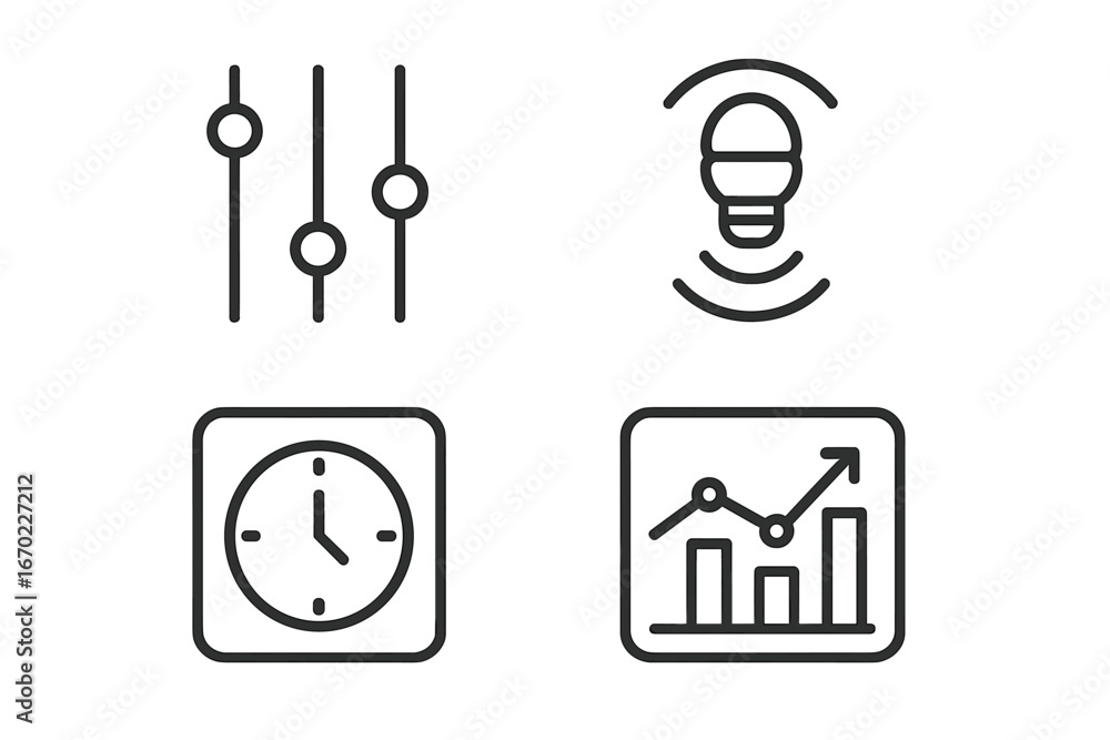 Aufkleber vector outline icon set featuring controls, a light bulb, a clock, and a graphic chart for use in di