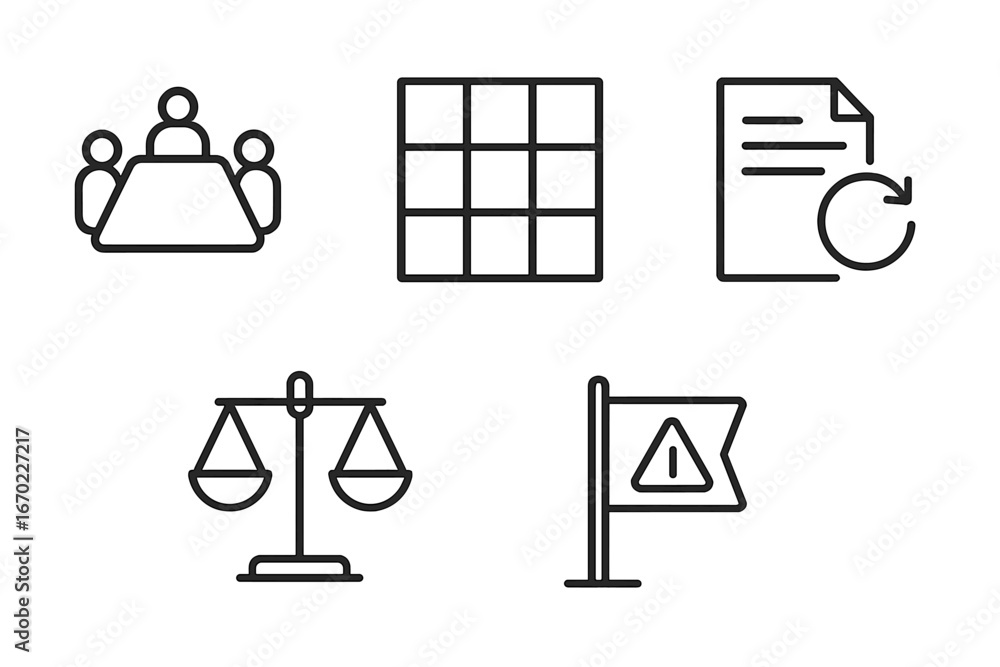 Poster vector outline icon set representing business, organization, law, and documentation concepts for pro