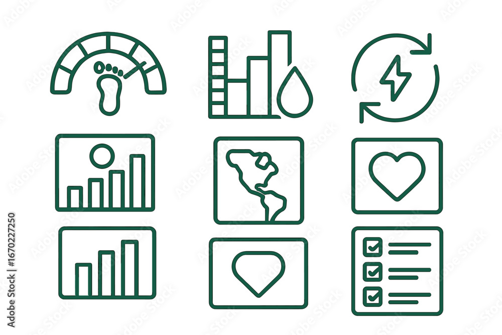 Poster vector outline icon set featuring health, environment, and data visualization symbols for modern des