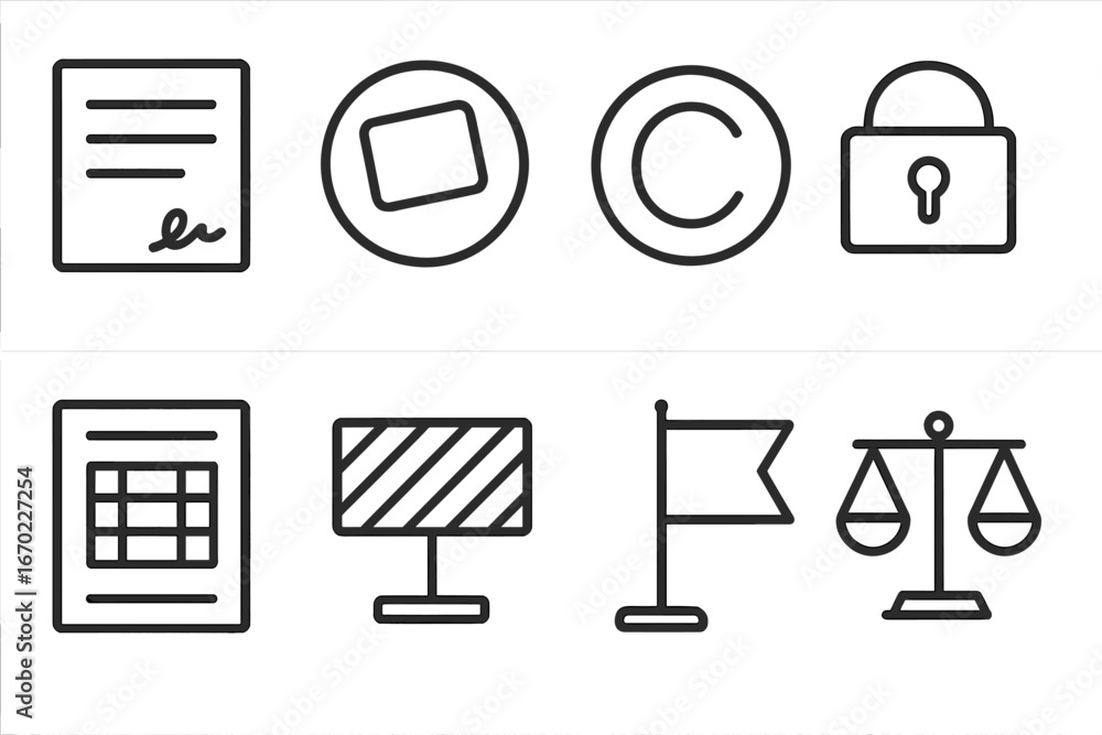 Aufkleber vector outline icon set featuring legal, security, and document symbols for various applications and