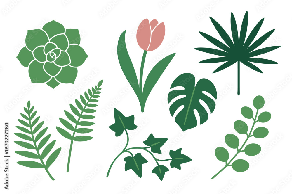 Poster collection of vector outline icons featuring various plants and leaves in a simple and modern design
