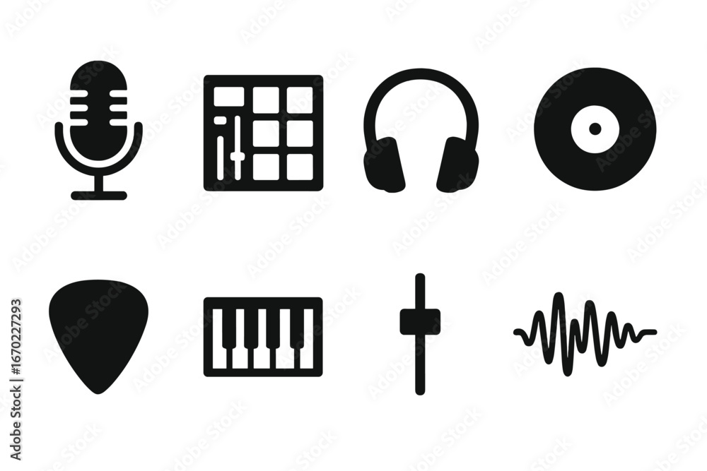 Poster vector outline icon set featuring music equipment and audio elements suitable for digital design pro