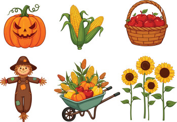 Cartoon autumn harvest vector set with pumpkin, corn, apples, scarecrow, sunflower, and wheelbarrow for fall season themes