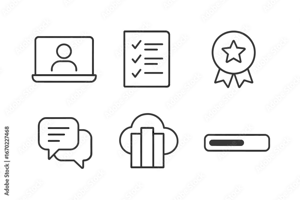 Poster vector outline icon set for digital communication, project management, and achievement symbols in a 