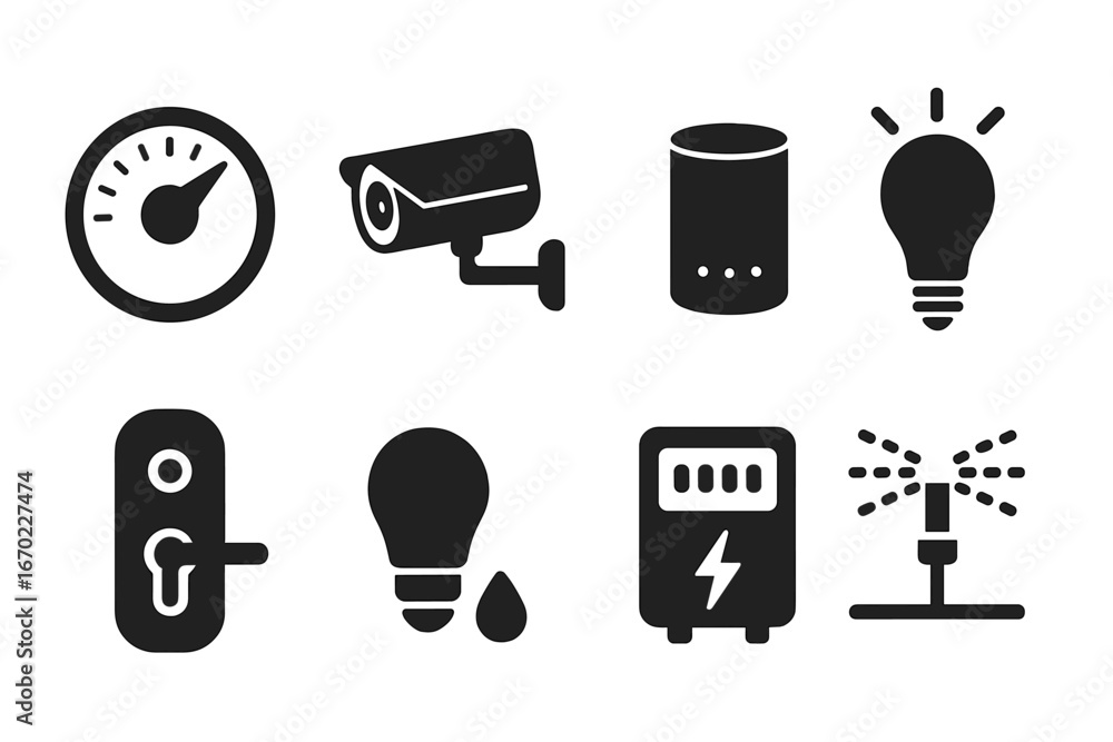 Poster vector outline icon set featuring various symbols related to home automation and energy management i