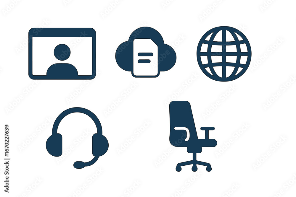 Poster vector outline icon set representing online communication tools and workspace essentials for remote 