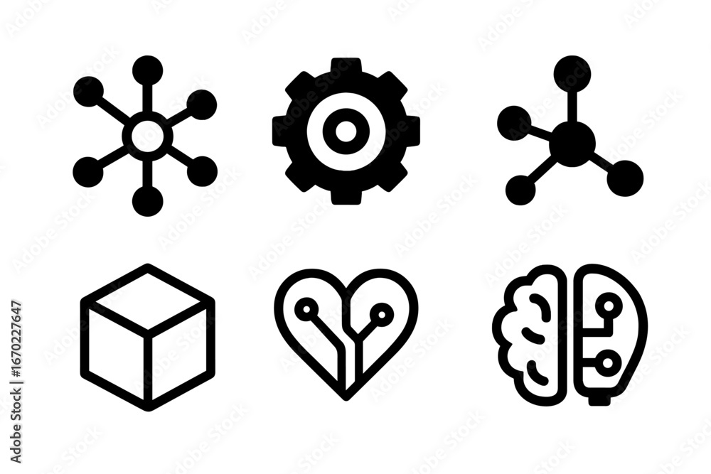Poster vector outline icon set depicting various technology and innovation symbols suitable for digital des