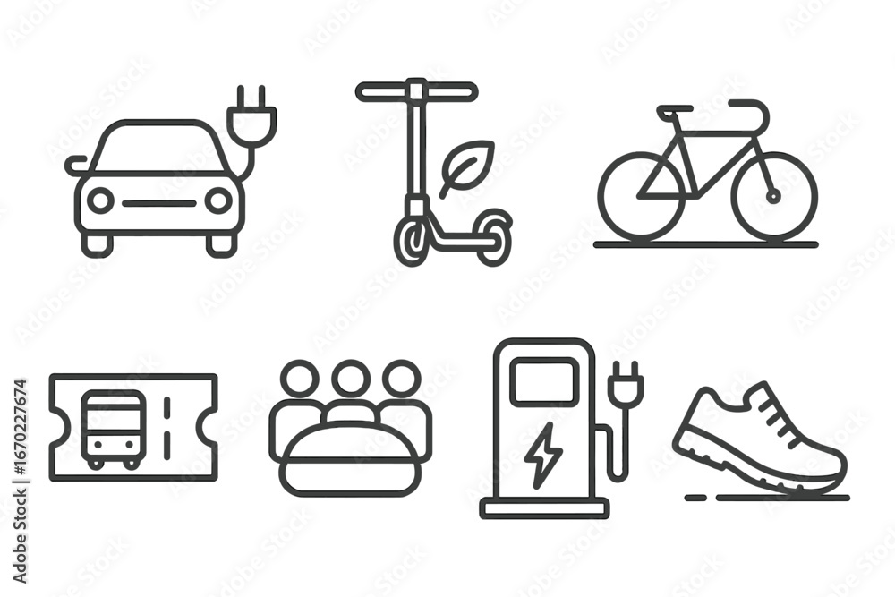 Poster outline vector icons depicting various modes of transportation for sustainable commuting and eco-fri