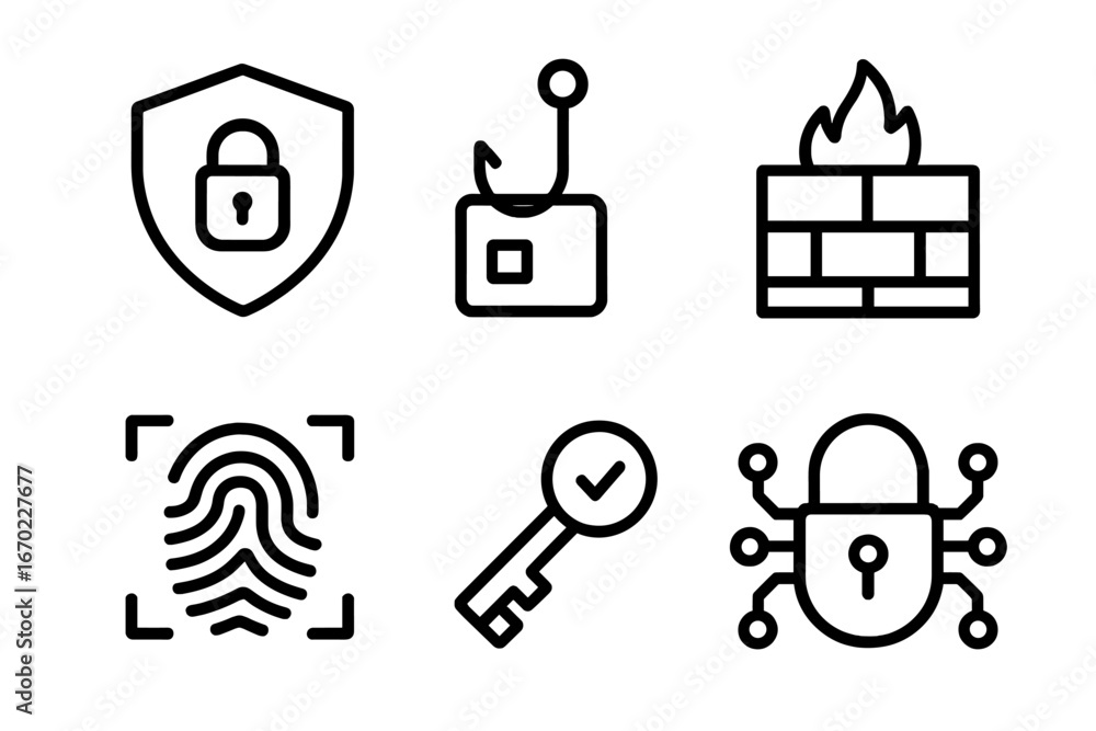 Poster vector outline icon set showcasing cybersecurity elements and tools essential for digital security a