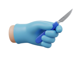 3D Stylized Hand in Blue Surgical Glove Holding Scalpel - Medical Precision and Healthcare Operation Concept
