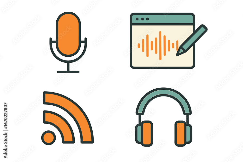 Poster vector outline icon set showcasing microphone, audio editing software, headphones, and rss feed symb
