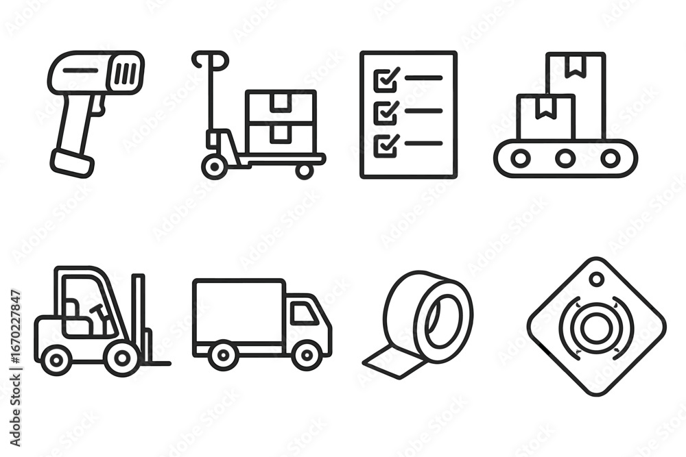 Poster vector outline icon set representing warehouse and logistics activities in a variety of operational 