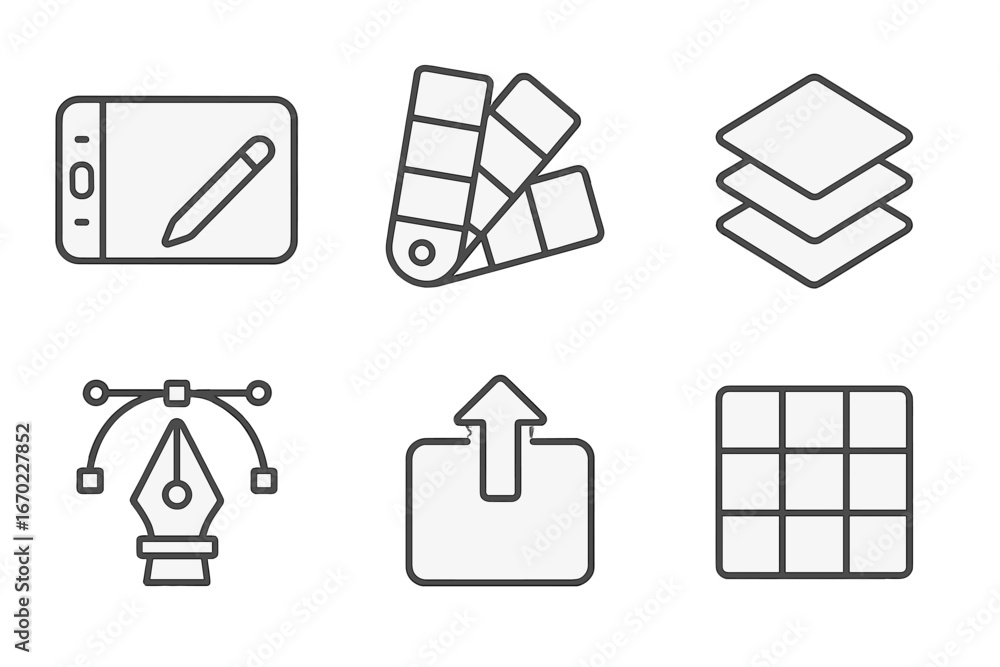 Aufkleber vector outline icon set featuring design tools and elements for digital creativity in graphic design
