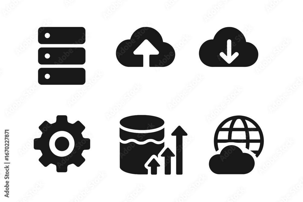 Poster vector outline icon set showcasing various technology and data transfer symbols relevant for digital