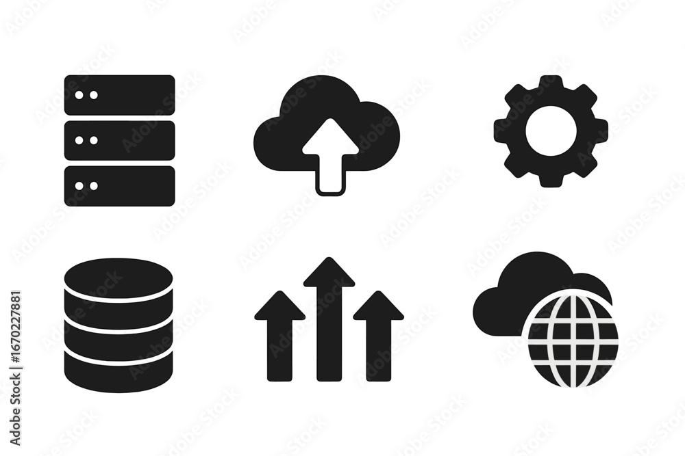 Poster vector outline icon set featuring cloud storage, databases, and server icons depicted in a minimalis
