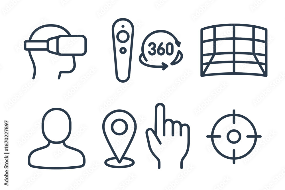 Poster vector outline icon set featuring virtual reality and interaction symbols for technology application