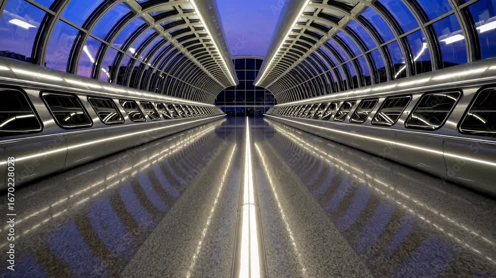 Poster futuristic concourse with sleek symmetrical design and vibrant lighting at dusk, featuring a reflect