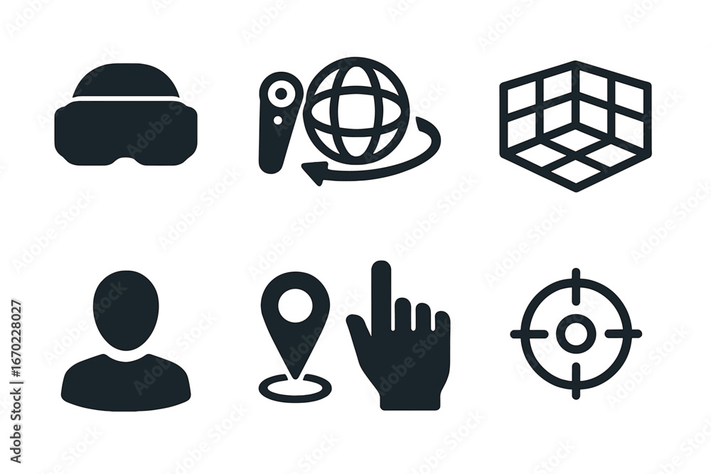 Poster vector outline icon set featuring virtual reality, user interaction, and navigation tools for techno