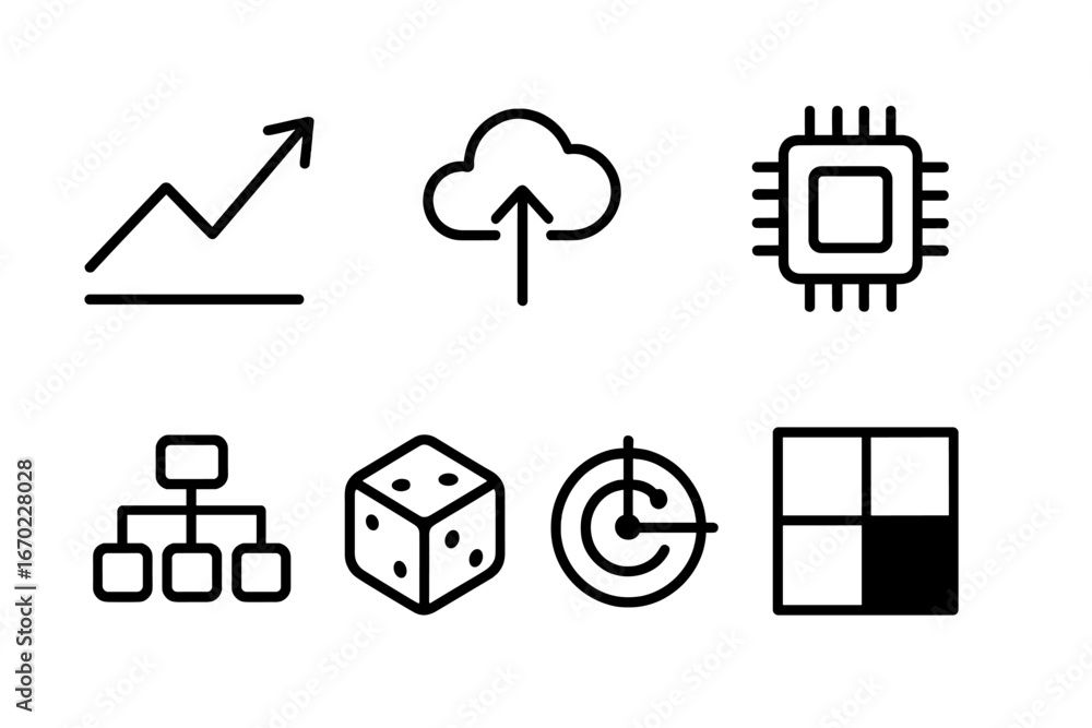 Poster vector outline icon set featuring symbols of analytics, technology, and games in a simple, modern de