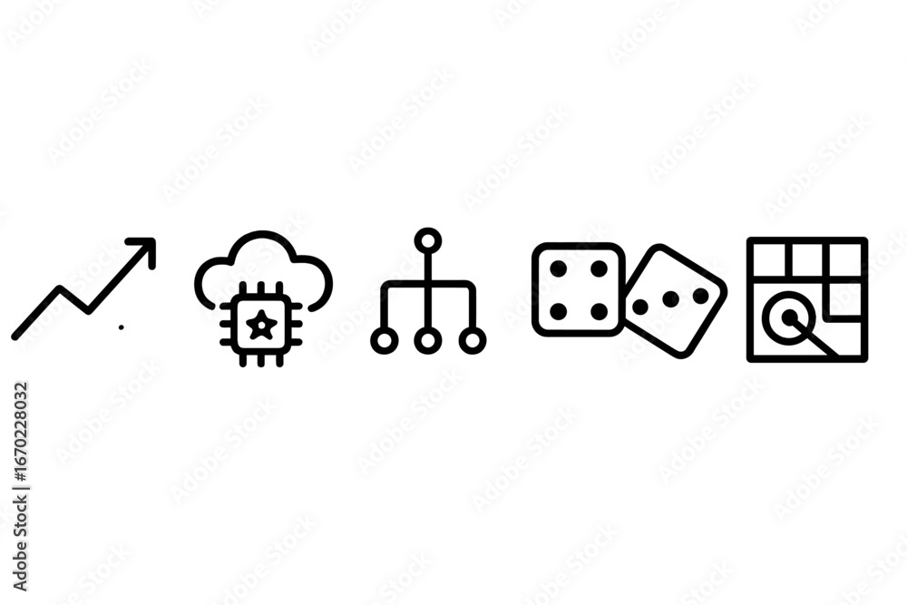 Poster vector outline icon set featuring growth trend, cloud computing, tree structure, gaming dice, and da