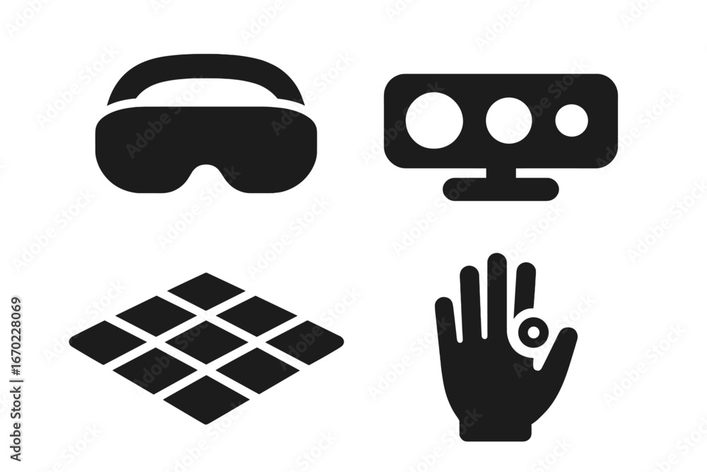 Poster vector outline icon set featuring virtual reality glasses, interaction devices, grid patterns, and h