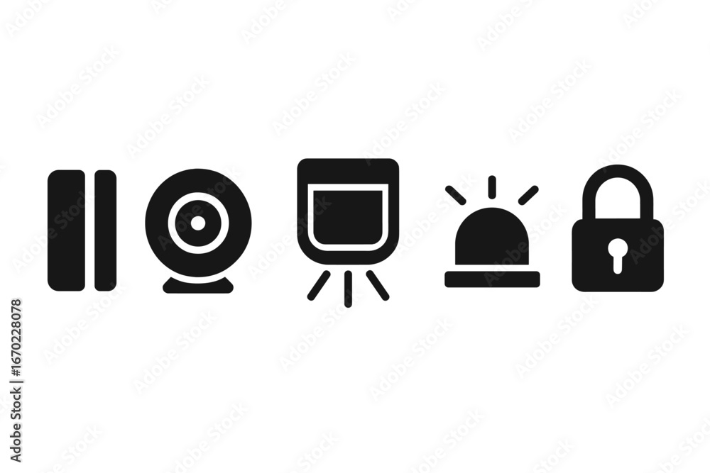 Poster vector outline icon set depicting various security and alert symbols for digital applications
