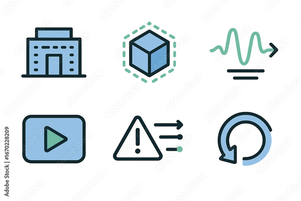 Poster vector outline icon set featuring various symbols for architecture, technology, and multimedia appli