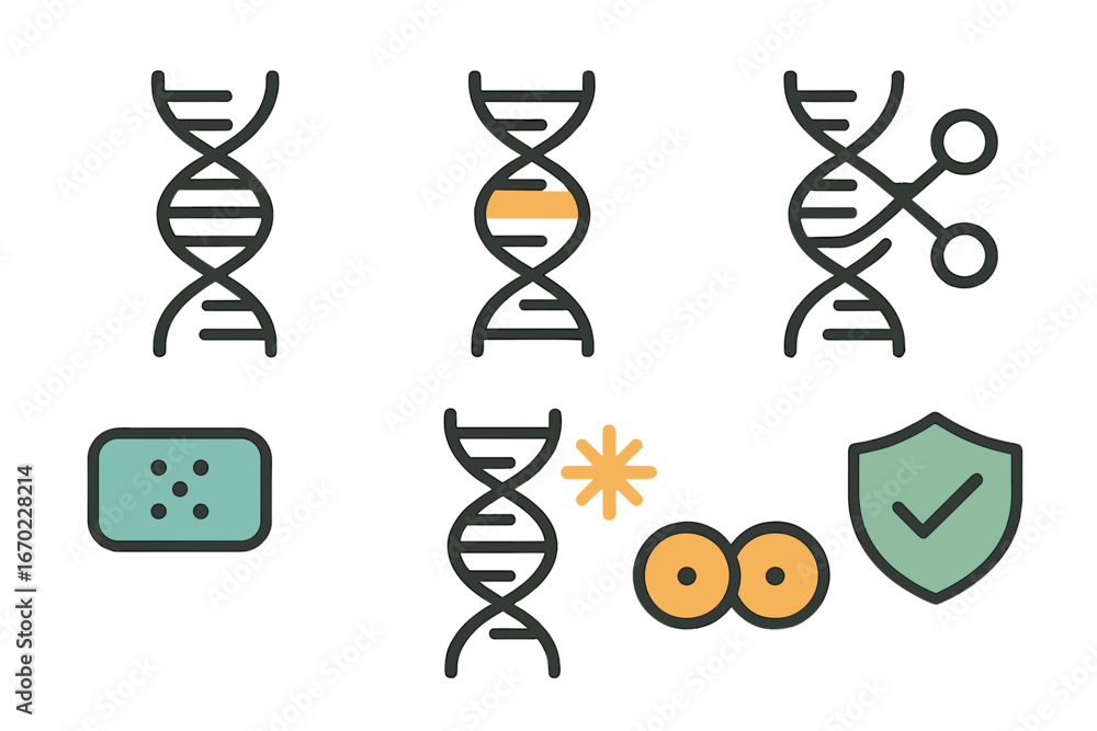 Poster vector outline icon set illustrating genetic concepts like dna structure, mutations, and genetic mod
