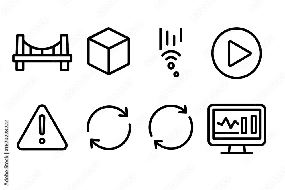 Poster vector outline icon set featuring bridge, cube, sound wave, play button, warning sign, arrows, and c