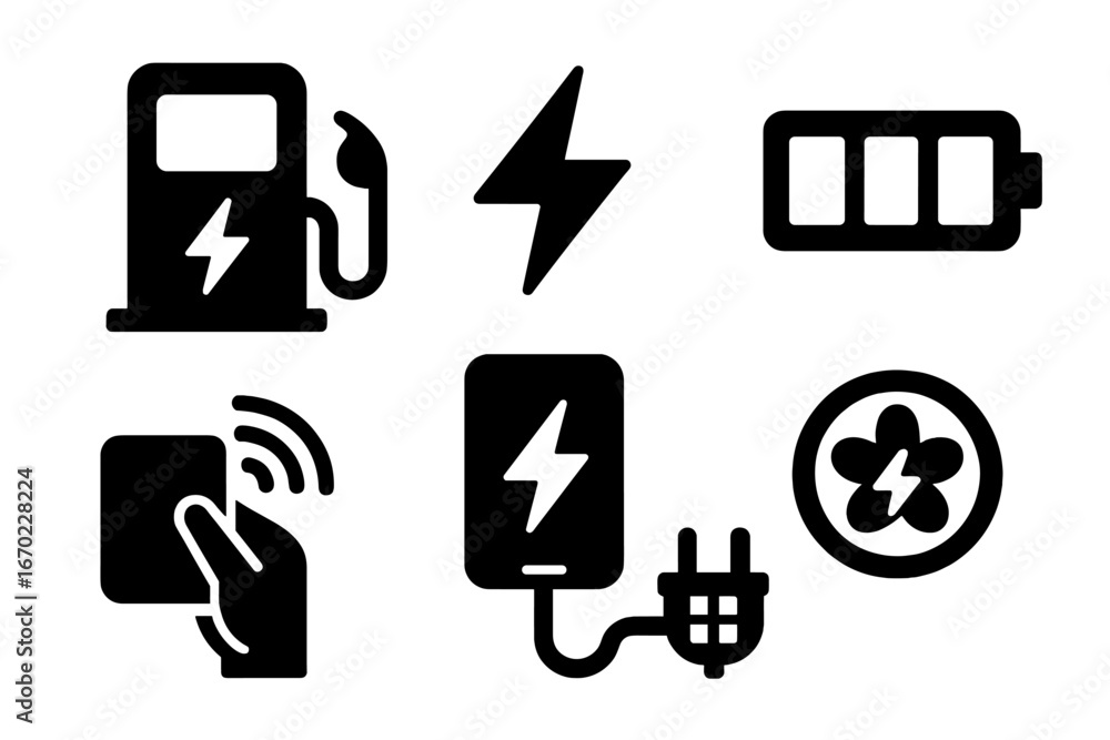 Poster vector outline icon set representing energy sources and electric charging concepts for modern techno
