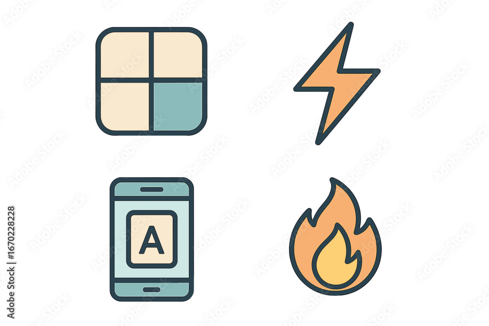 Poster vector outline icons representing various concepts such as mobile technology, energy, and visual des