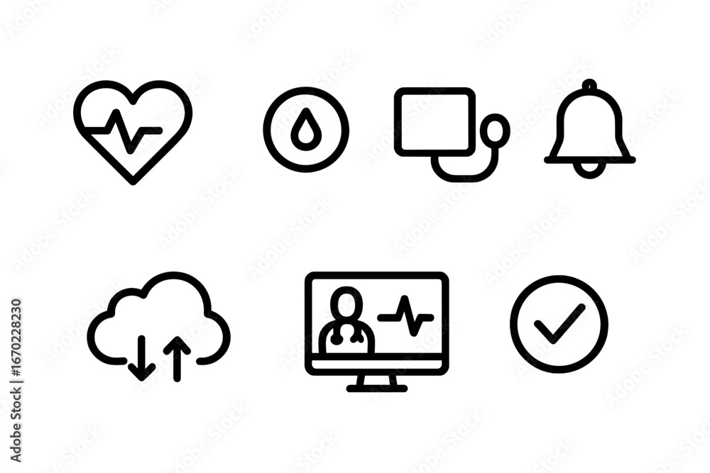 Poster vector outline icon set featuring health and wellness symbols for digital applications and user inte