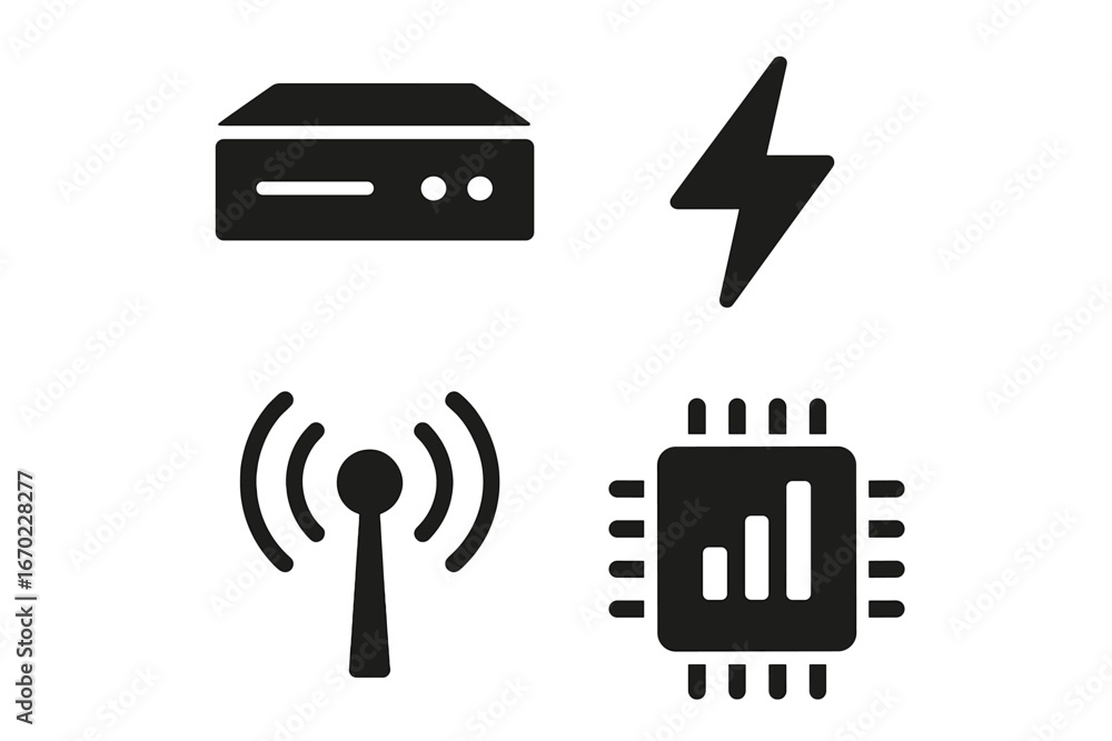 Poster vector outline icon set featuring technology symbols for digital devices and connectivity representa