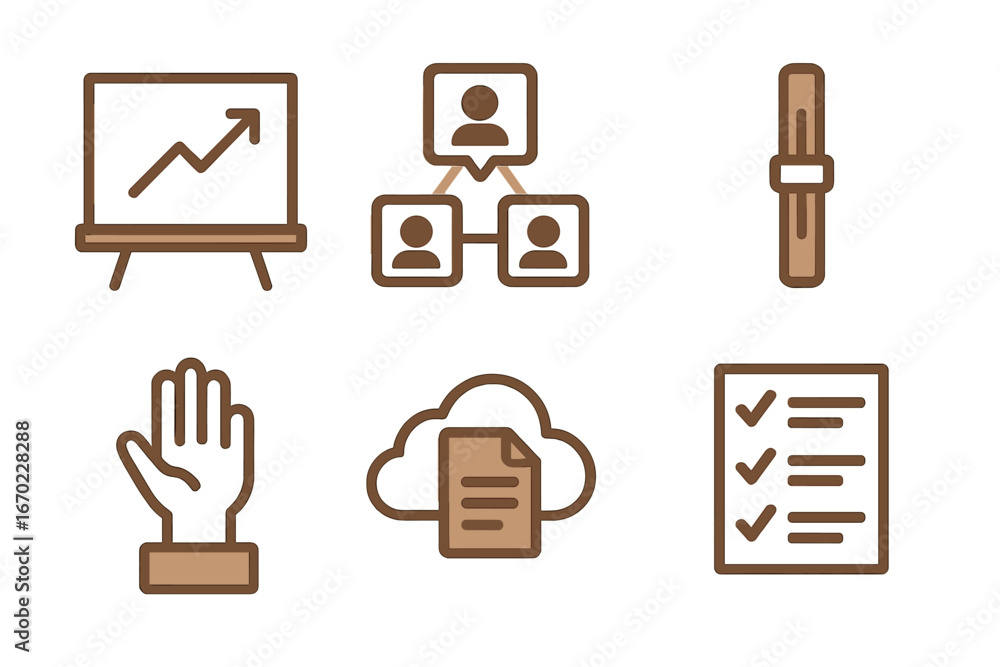 Poster vector outline icon set featuring business and organizational symbols in a simple and modern design