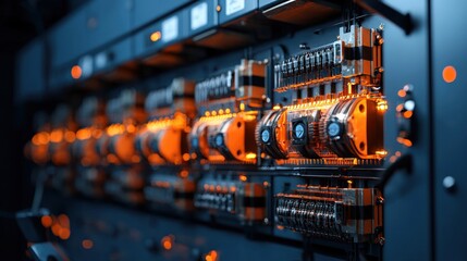 Close-up of futuristic server rack, glowing orange components