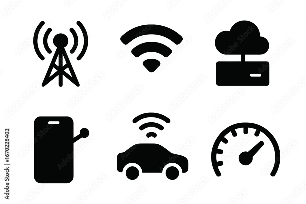 Poster vector outline icon set showcasing communication and transportation elements in a minimalistic desig