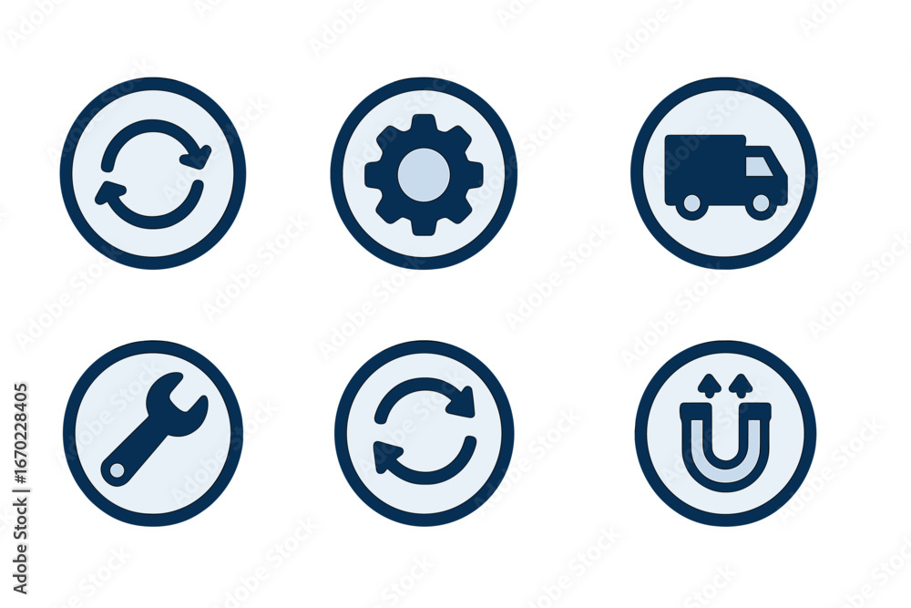 Poster vector outline icon set featuring various symbols representing tools, logistics, and processes in a 