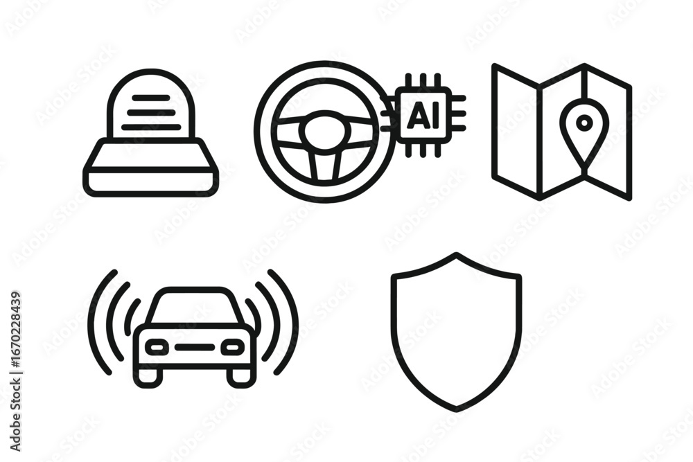 Poster vector outline icon set featuring technology and transportation elements for modern navigation and s