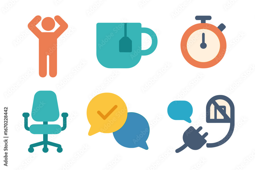 Poster vector outline icon set depicting various activities and objects for daily life and productivity