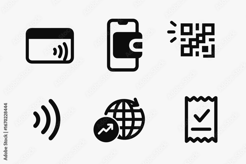 Poster vector outline icon set featuring digital payment symbols for mobile transactions and connectivity