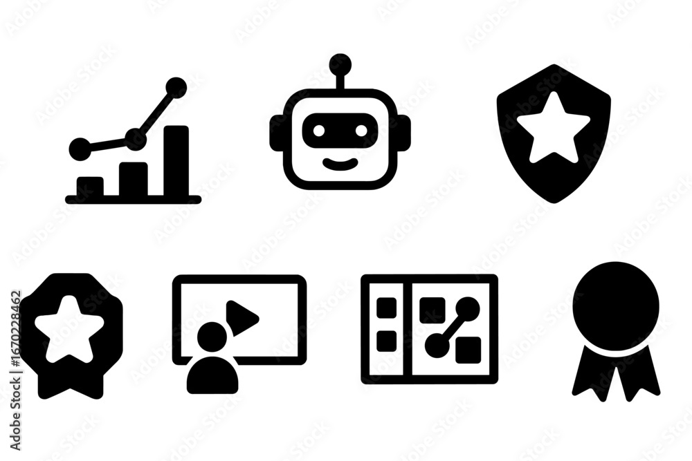 Poster vector outline icon set featuring data charts, a robot, a badge, video player, user interface, and a
