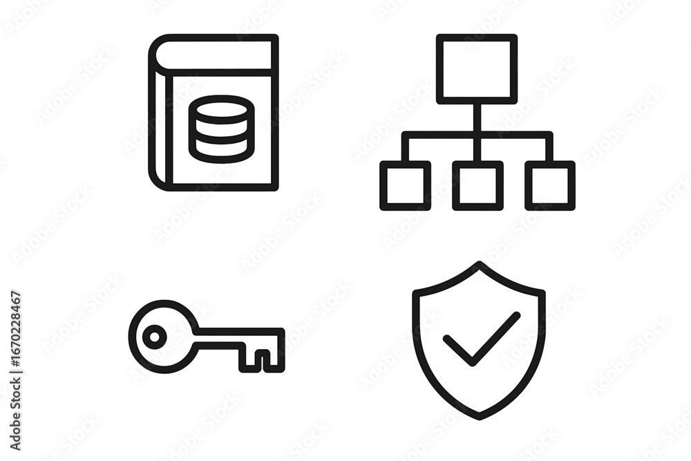 Poster vector outline icon set featuring database, network diagram, key, and shield symbols for technology 
