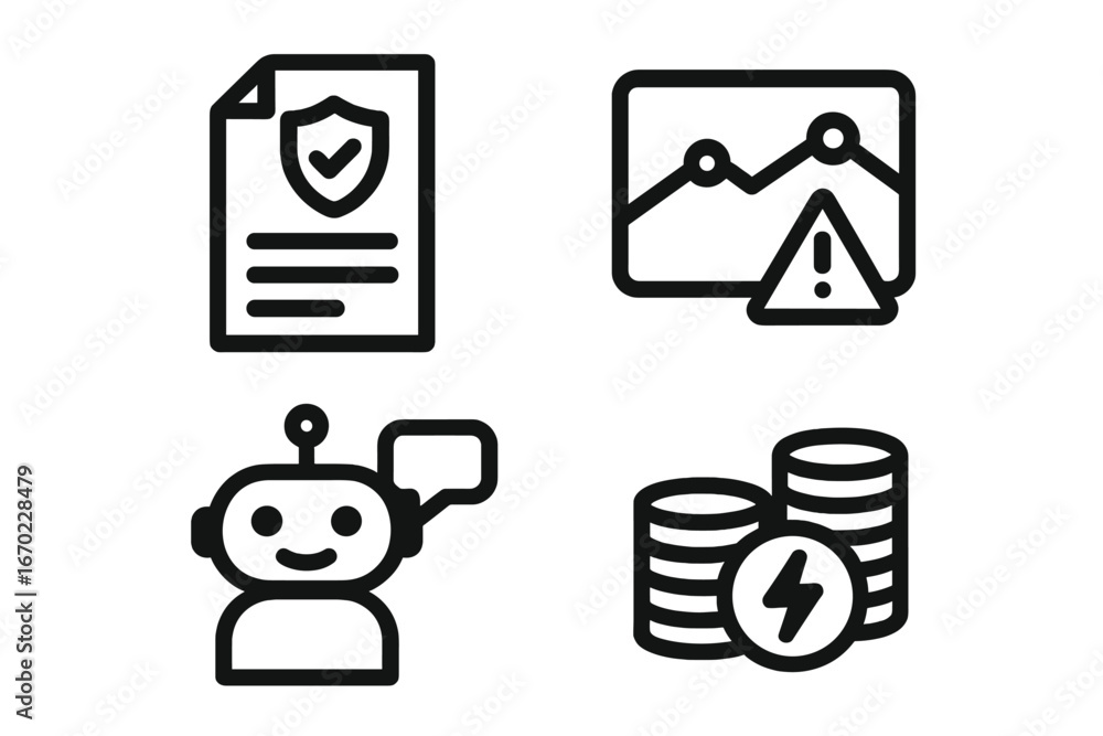Poster vector outline icon set featuring a document, a graph, a chatbot, and coins with a warning symbol fo