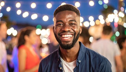 Obraz premium A joyful man is smiling broadly amongst a happy crowd lit by festive lights at an outdoor gathering.