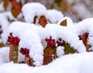 Red berries covered in snow on a bush