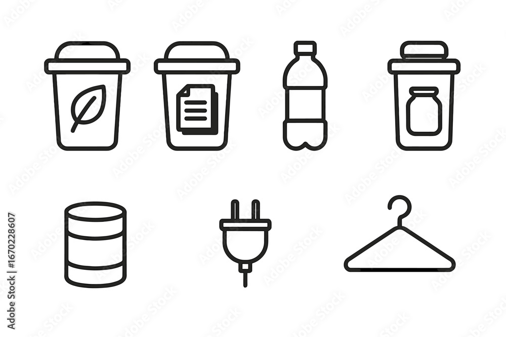 Poster various vector outline icons representing everyday objects associated with waste management and orga