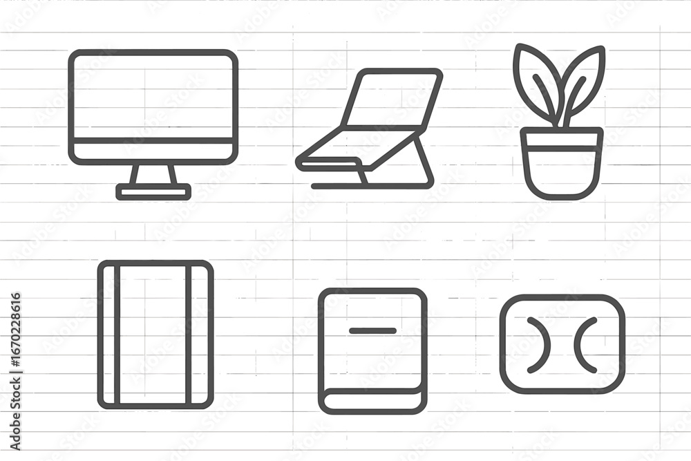 Poster vector outline icon set featuring office items, useful for illustrating workspace concepts and desig